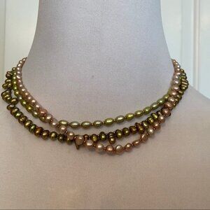 NECKLACE CHOKER BEADS PINK GREEN FRESHWATER PEARL 3 STRAND 17”